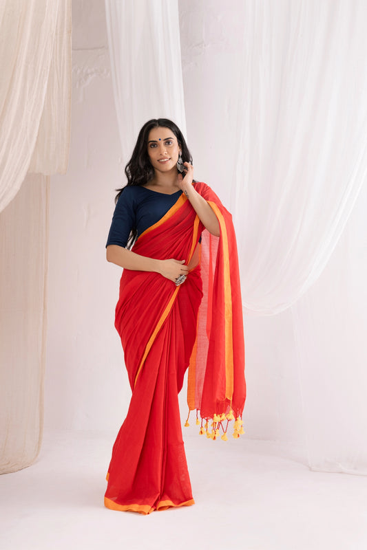 Pure Mul Cotton Handloom Contrast Color Border Saree - Red/Yellow