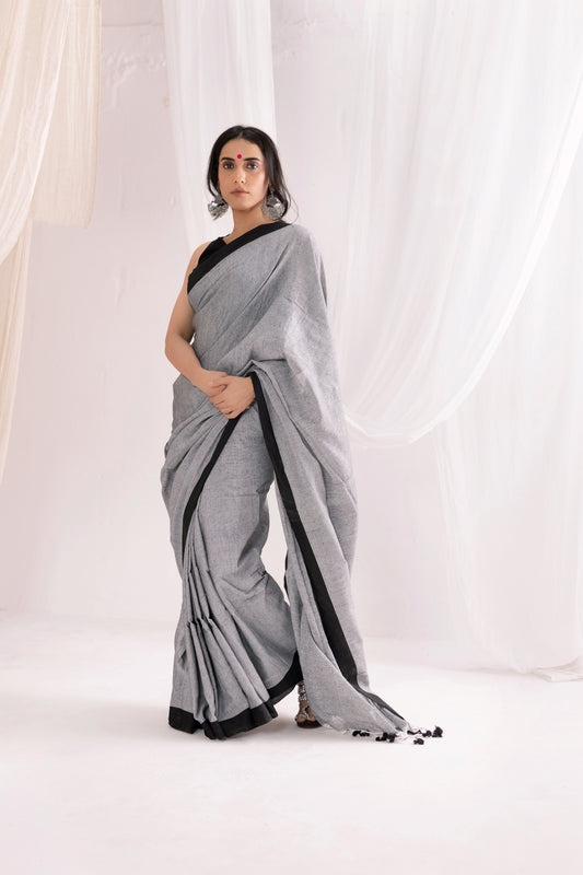 Pure Mul Cotton Handloom Contrast Color Border Saree - Grey/Black