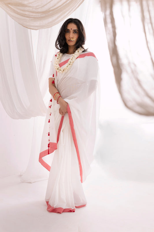 Pure Mul Cotton Handloom Contrast Color Border Saree - White/Red