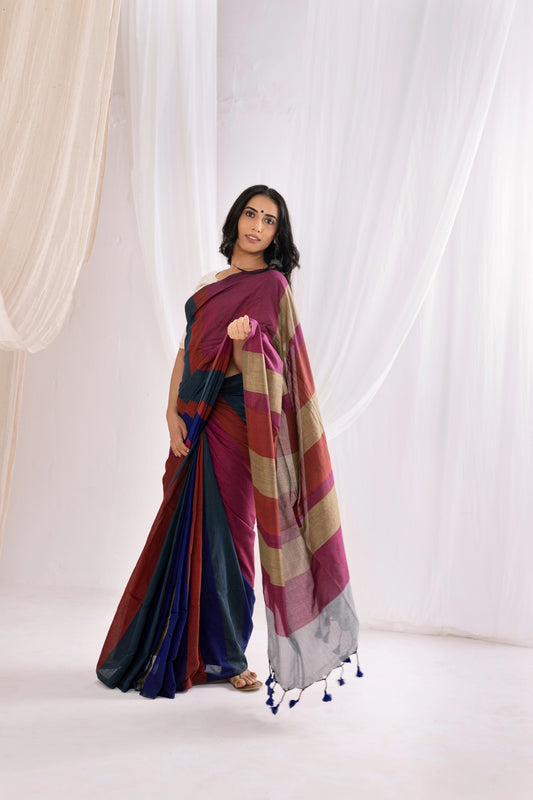 Pure Mul Cotton Handloom Contrast Color Pallu Saree - Multicolor