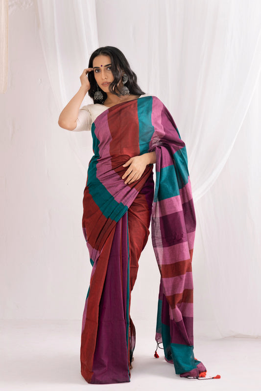 Pure Mul Cotton Handloom Contrast Color Pallu Saree - Multicolor