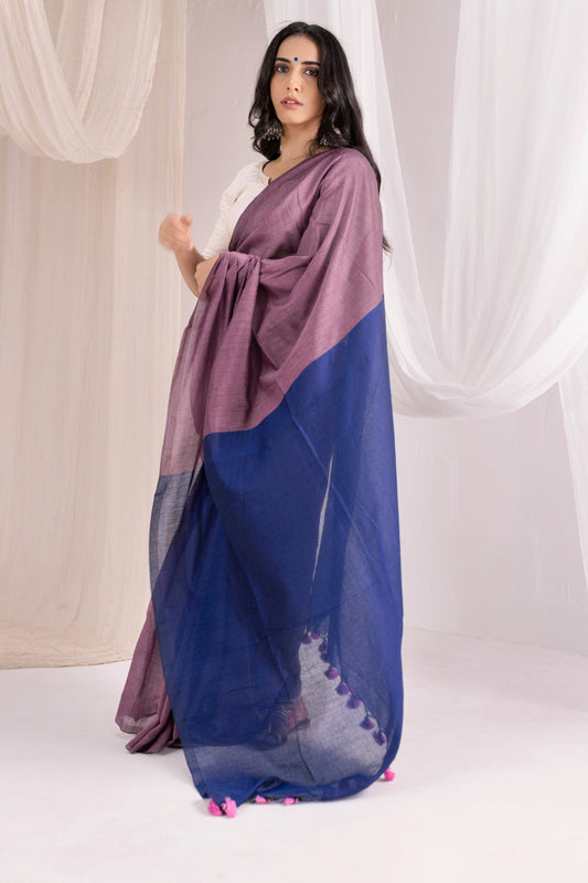 Pure Mul Cotton Handloom Contrast Color Pallu Saree - Twilight Lavender Purple