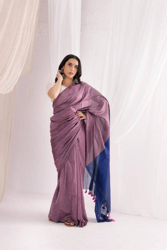 Pure Mul Cotton Handloom Contrast Color Pallu Saree - Twilight Lavender Purple