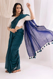 Pure Mul Cotton Handloom Contrast Color Pallu Saree - Rama Green/Blue