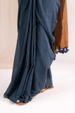 Pure Mul Cotton Handloom Contrast Color Pallu Saree - Navy Blue/Russet Brown