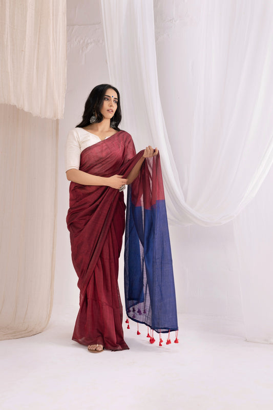 Pure Mul Cotton Handloom Contrast Color Pallu Saree - Maroon/Blue