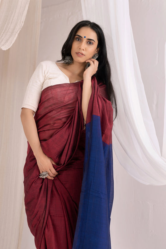 Pure Mul Cotton Handloom Contrast Color Pallu Saree - Maroon/Blue