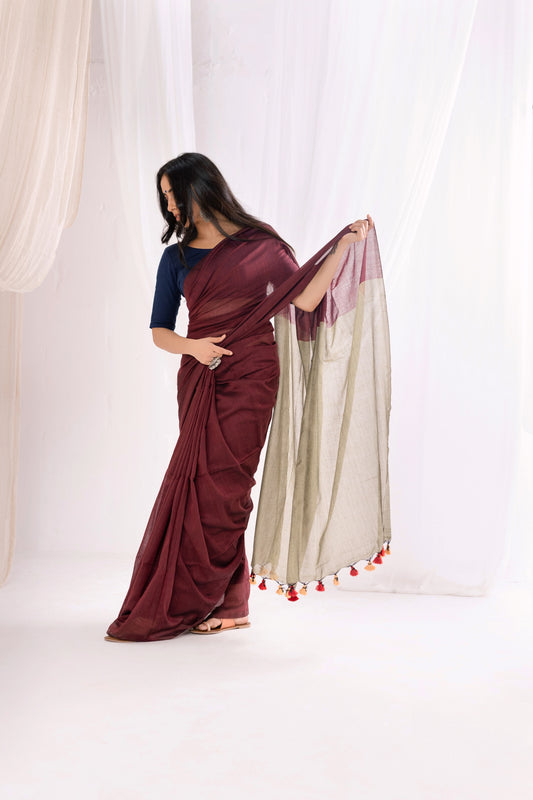 Pure Mul Cotton Handloom Contrast Color Pallu Saree - Maroon/Dull Brown