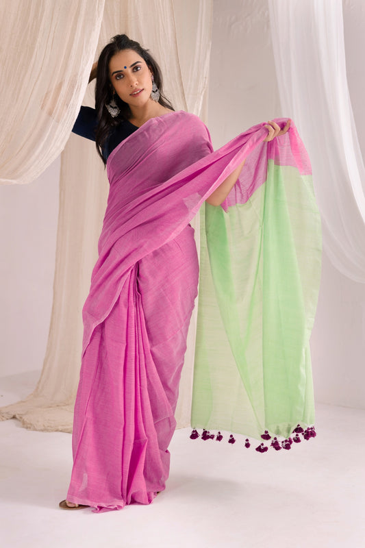 Pure Mul Cotton Handloom Contrast Color Pallu Saree - Pink/Lime Green