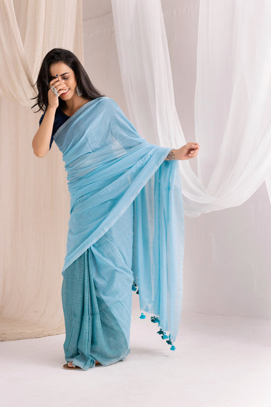 Pure Mul Cotton Handloom Contrast Color Pallu Saree - Sky Blue/Sapphire