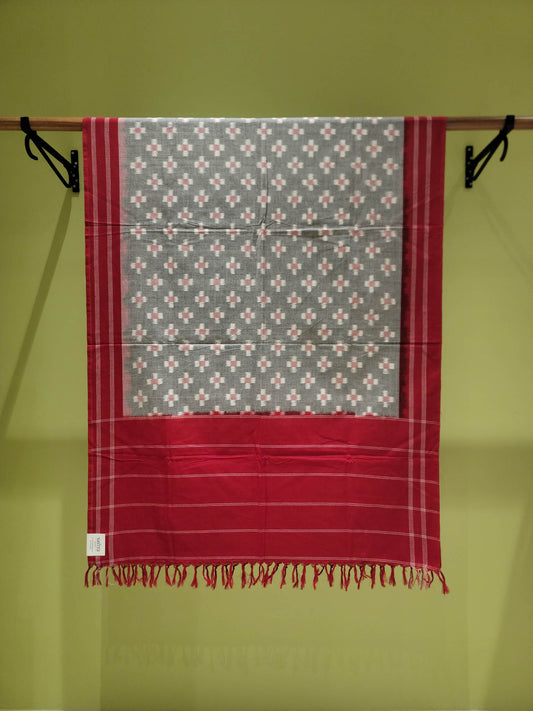 Pure Cotton Ikat Handloom Dupatta - Red/Grey