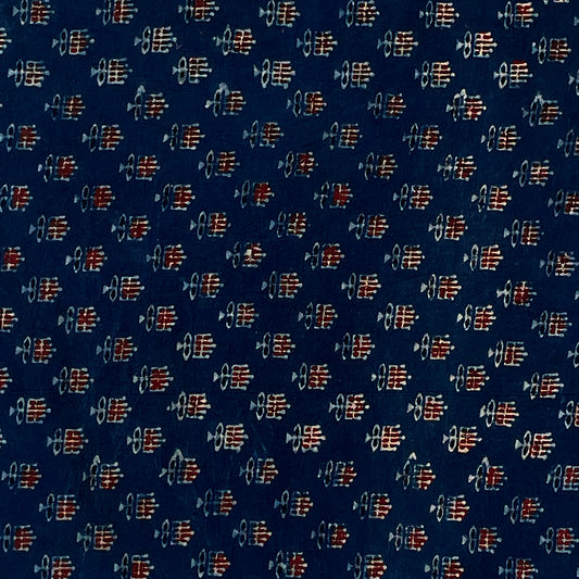 Pure Cotton Hand Block Ajrakh Printed Fabric - Small Butti_2 - Indigo Blue