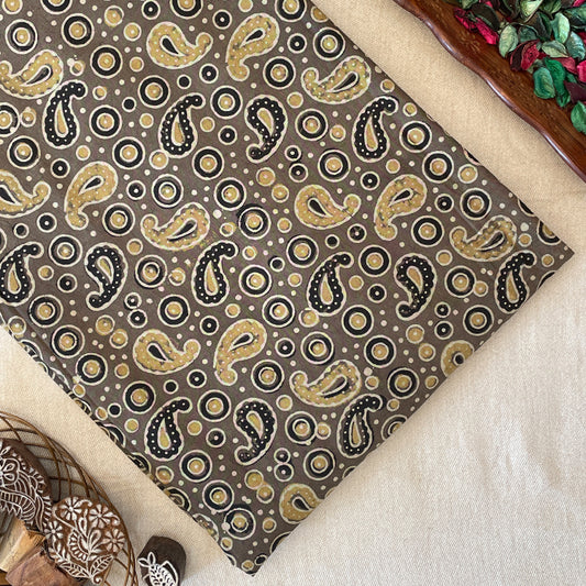 Pure Cotton Hand Block Ajrakh Printed Fabric - Small Mango/Circle - Biscuit Brown