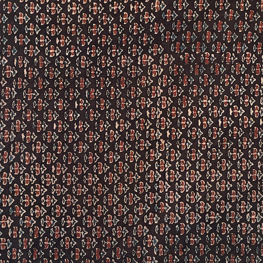 Pure Cotton Hand Block Ajrakh Printed Fabric - Small Butti - Brown/Blue