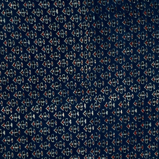 Pure Cotton Hand Block Ajrakh Printed Fabric - Small Butti - Indigo Blue/Red