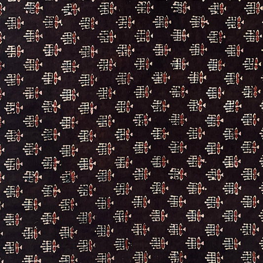 Pure Cotton Hand Block Ajrakh Printed Fabric - Small Butti_2 - Black/Maroon