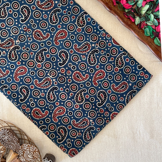 Pure Cotton Hand Block Ajrakh Printed Fabric - Small Mango/Circle - Indigo Blue/Maroon