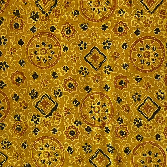 Pure Cotton Hand Block Ajrakh Printed Fabric - Circle & Stars - Mustard Yellow