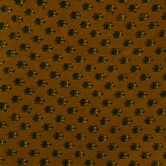 Pure Cotton Hand Block Ajrakh Printed Fabric - Small Butti_2 - Mustard Yellow