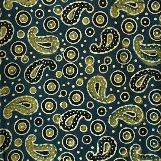 Pure Cotton Hand Block Ajrakh Printed Fabric - Small Mango/Circle - Indigo Blue/Lemon Yellow