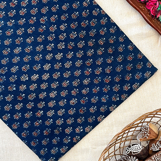 Pure Cotton Hand Block Ajrakh Printed Fabric - Small Butti_2 - Indigo Blue