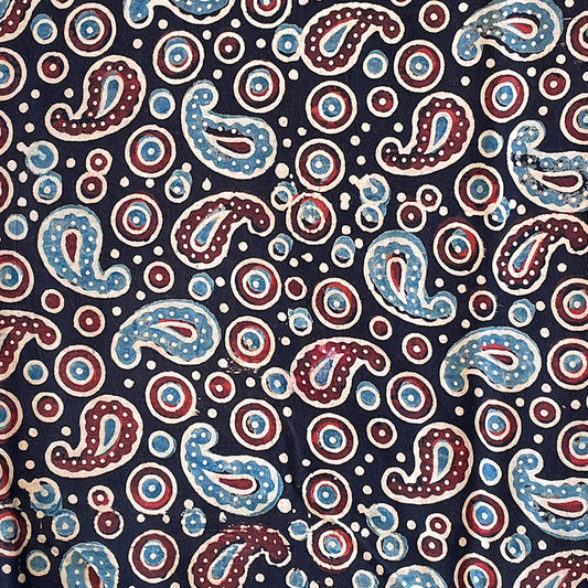 Pure Cotton Hand Block Ajrakh Printed Fabric - Small Mango/Circle - Black