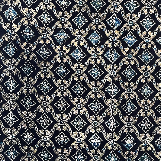 Pure Cotton Hand Block Ajrakh Printed Fabric - Black