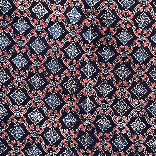 Pure Cotton Hand Block Ajrakh Printed Fabric - Black/Maroon