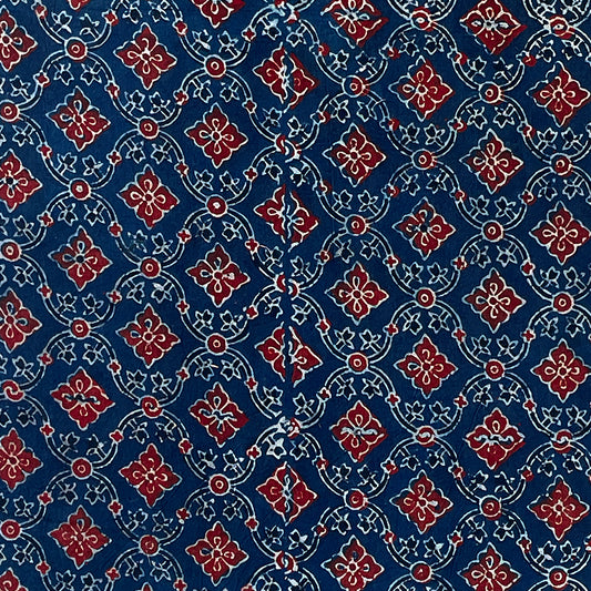 Pure Cotton Hand Block Ajrakh Printed Fabric - Indigo Blue