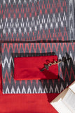 Pure Cotton Ikat Weaved 3 Piece Suit Piece - Grey/Red - Vastra Raag