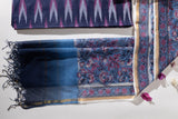 Pure Cotton Ikat Weaved Hand Block Printed 3 PC Suit with Kota Doria Dupatta - Indigo Blue - Vastra Raag