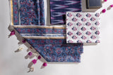 Pure Cotton Ikat Weaved Hand Block Printed 3 PC Suit with Kota Doria Dupatta - Indigo Blue - Vastra Raag