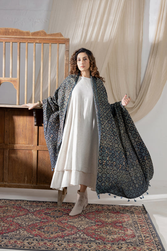 Ajrakh Hand Block Printed - Handloom Woolen Dupatta