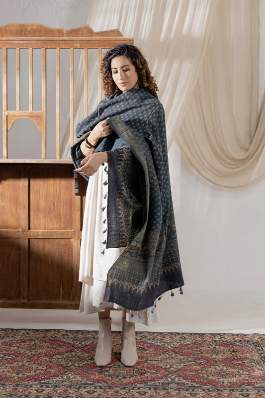 Ajrakh Hand Block Printed - Handloom Woolen Dupatta