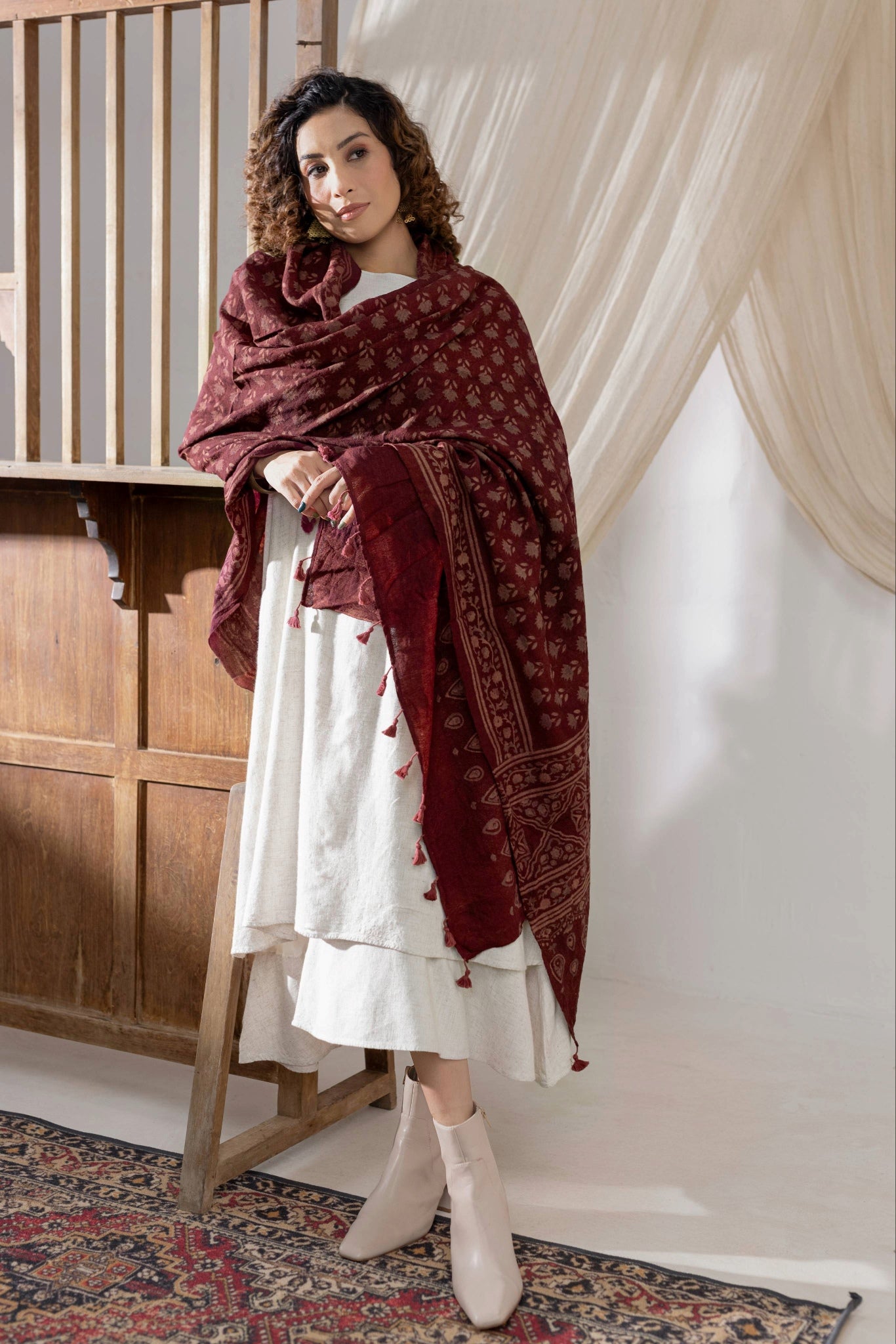 Ajrakh Hand Block Printed - Handloom Woolen Dupatta - Vastra Raag