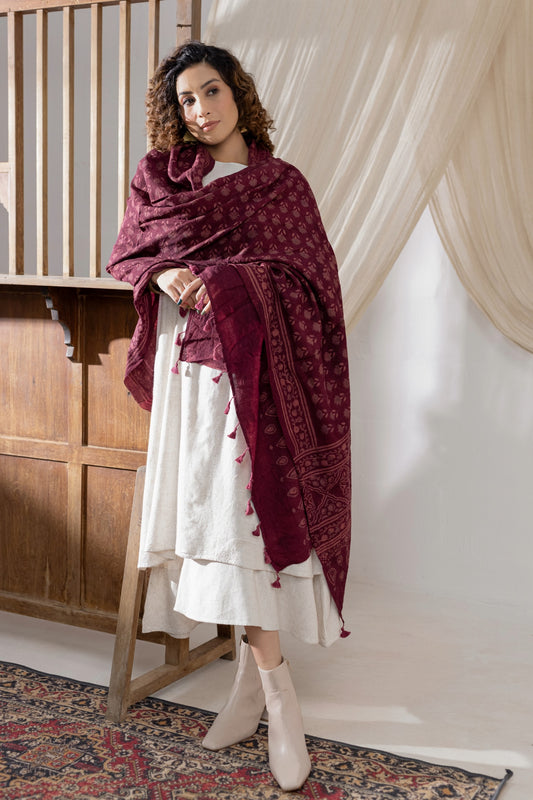 Ajrakh Hand Block Printed - Handloom Woolen Dupatta