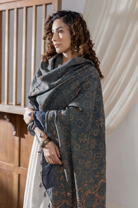 Ajrakh Hand Block Printed - Handloom Woolen Dupatta