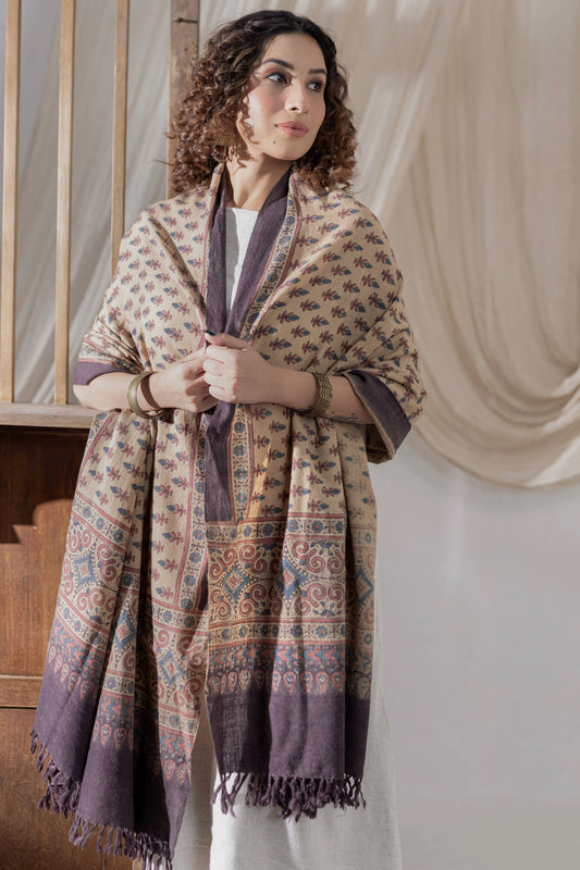 Ajrakh Hand Block Printed - Handloom Woolen Dupatta