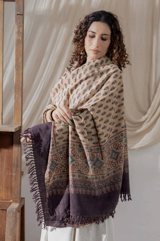 Ajrakh Hand Block Printed - Handloom Woolen Dupatta