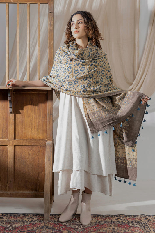 Ajrakh Hand Block Printed - Handloom Woolen Dupatta