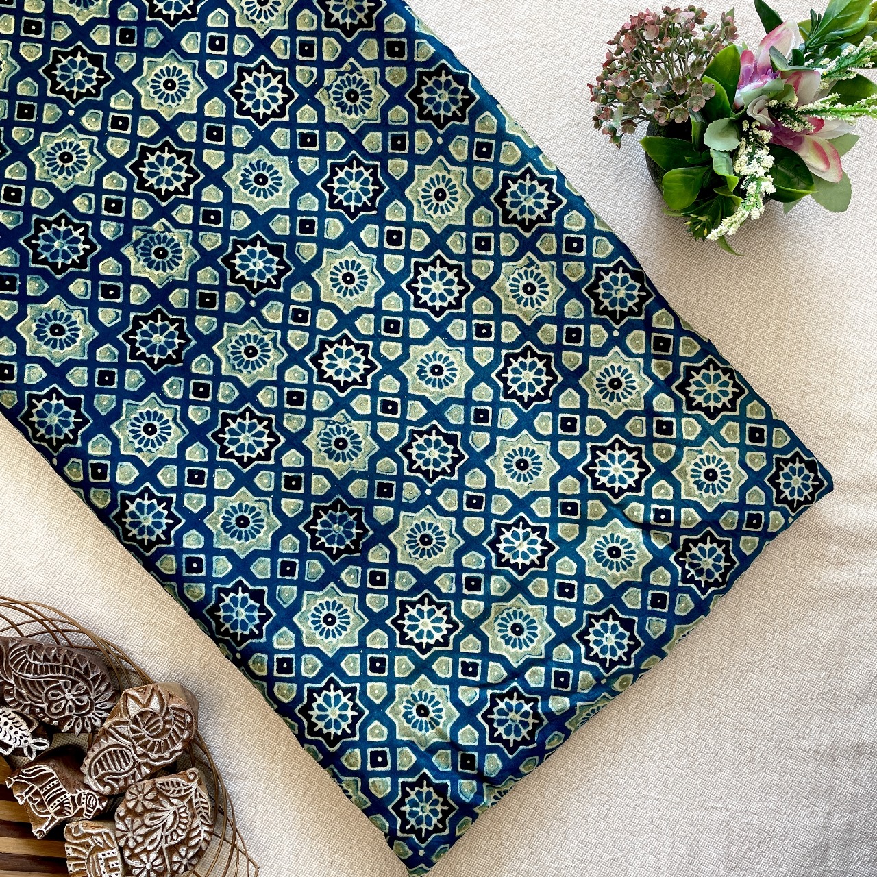 Modal Satin Silk Natural Dye Ajrakh Hand Block Printed Fabric – Indigo/Yellow – Geometrical/Square