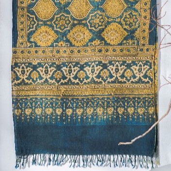 Ajrakh Hand Block Printed - Handloom Cotton Stole - Blue/Yellow