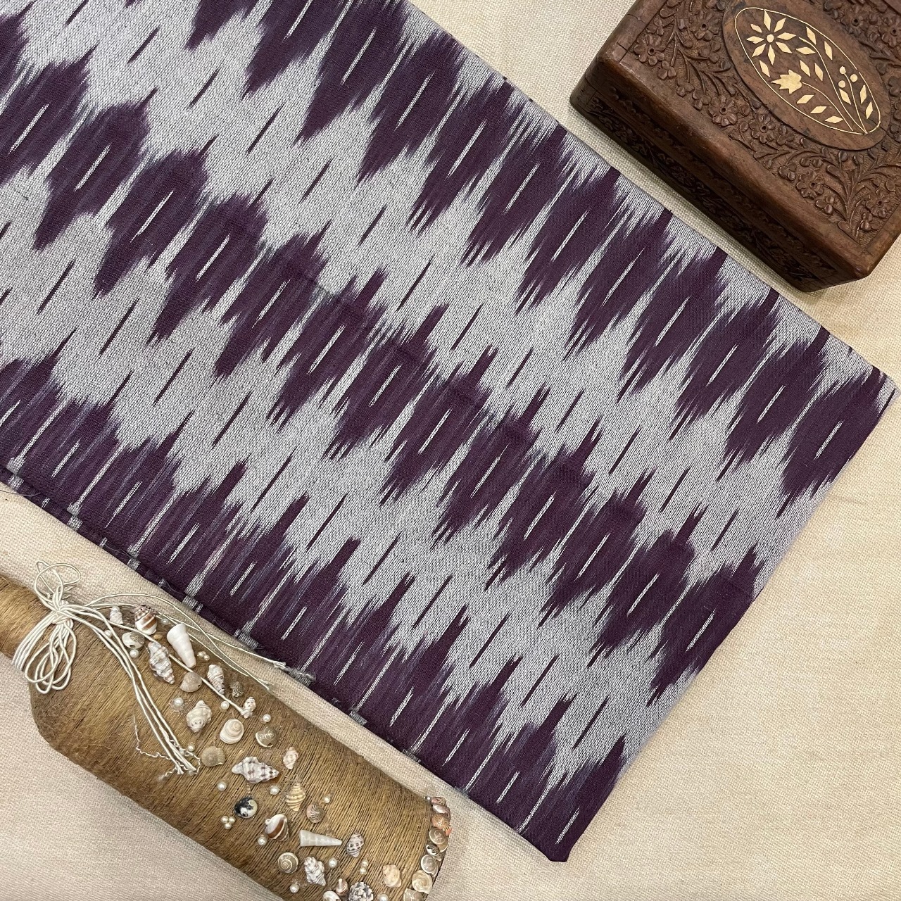 Pure Cotton Ikat Weaved Fabric - Purple