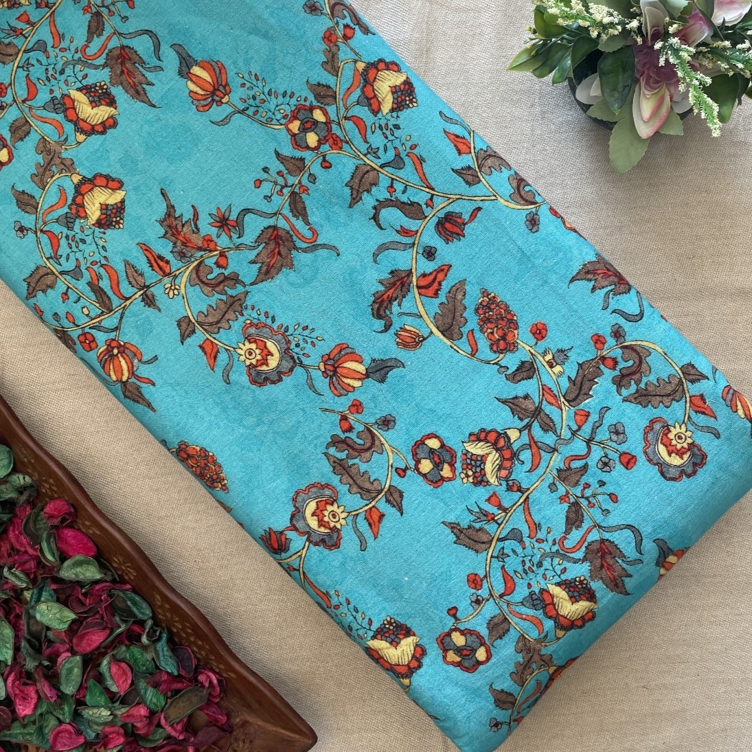 Khadi Cotton Printed Fabric - Kalamkari Print - Turquoise
