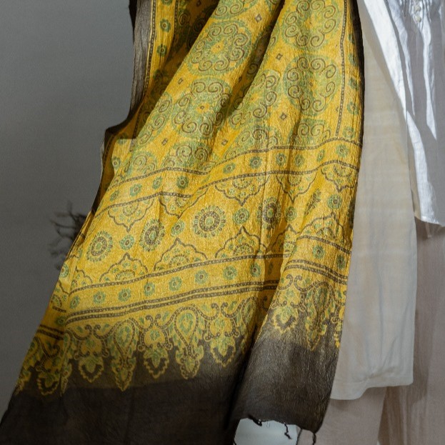 Ajrakh Hand Block Printed - Handloom Pure Tussar Silk Stole